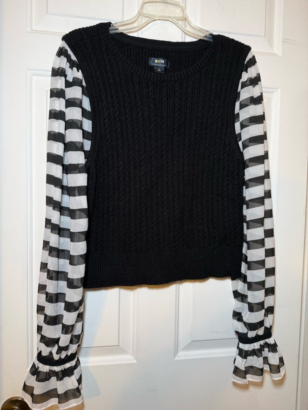 Maeve Anthropologie Black Cable Knit Sweater Striped Contrast Sleeves 1X Plus